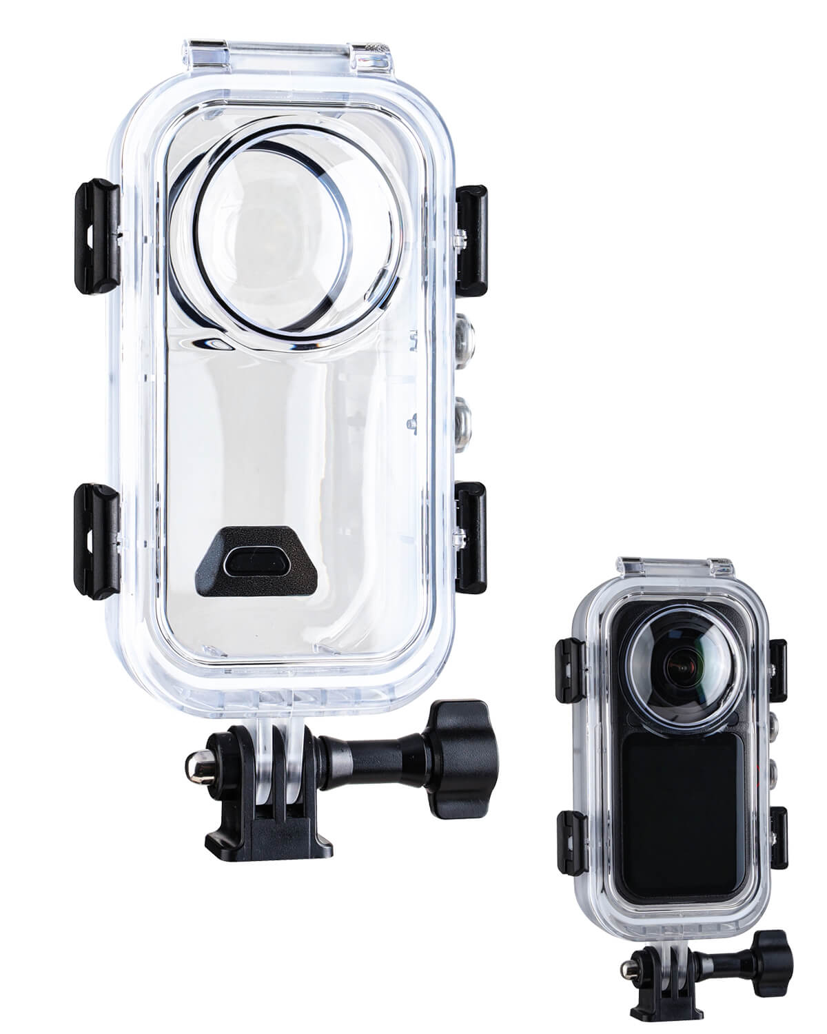 POWRIG WP-X6 60m diving case for Insta360 X6 shown empty and with camera sealed inside