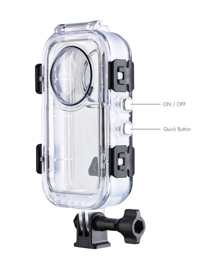Insta360 X6 waterproof housing side view with sealed ON/OFF and Quick Button controls