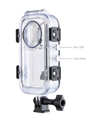 Insta360 X6 waterproof housing side view with sealed ON/OFF and Quick Button controls