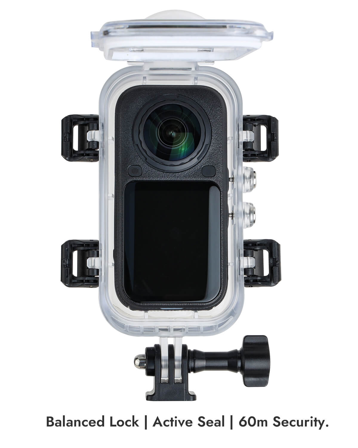 Insta360 X6 in POWRIG dive housing with lid open showing four-latch balanced lock and gasket