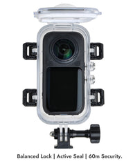 Insta360 X6 in POWRIG dive housing with lid open showing four-latch balanced lock and gasket