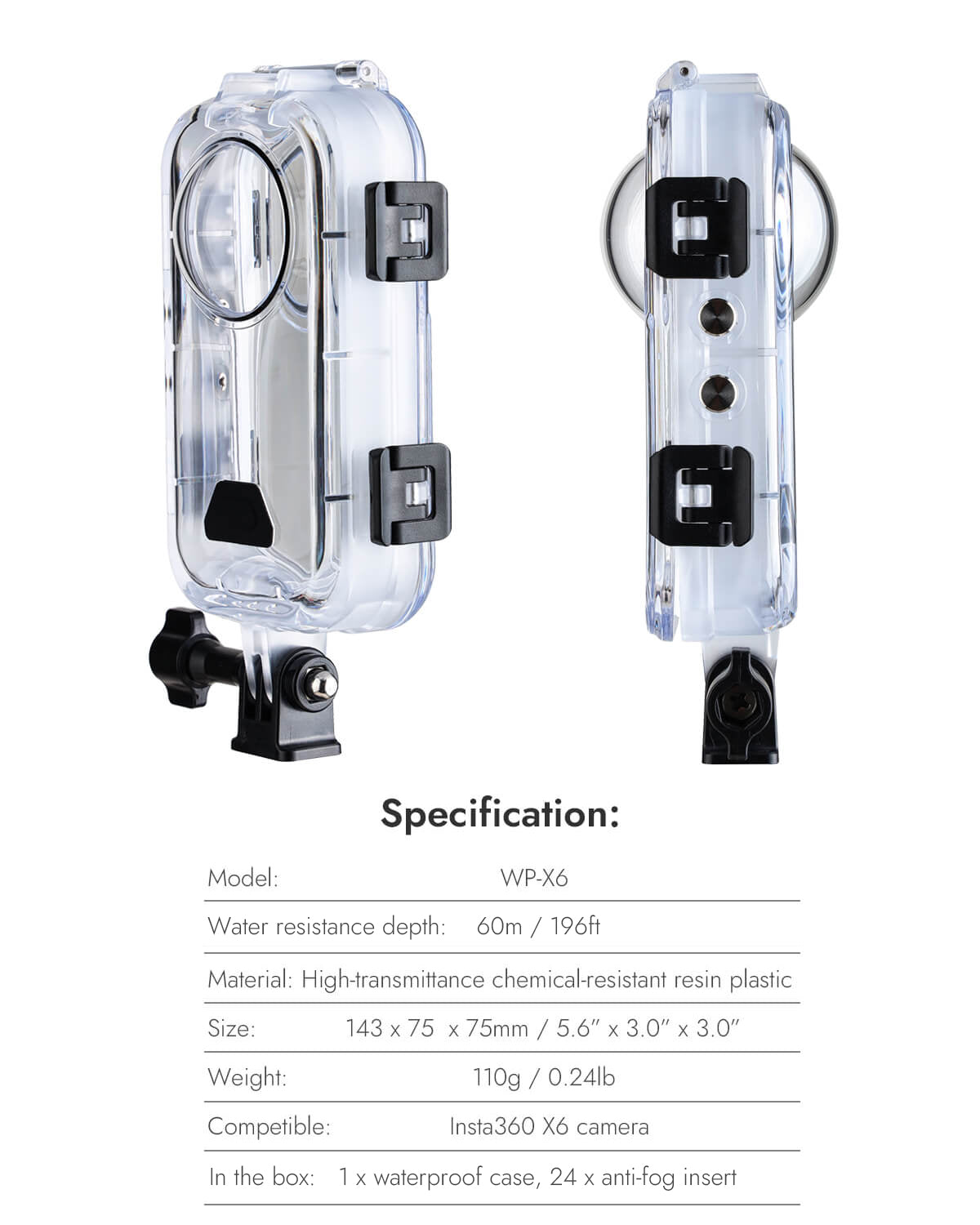 POWRIG WP-X6 specifications 143 x 75 x 75 mm 110 g high-transmittance resin dive case