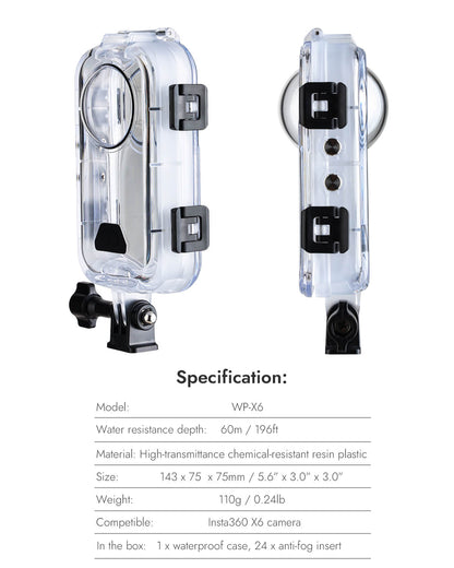 POWRIG WP-X6 specifications 143 x 75 x 75 mm 110 g high-transmittance resin dive case