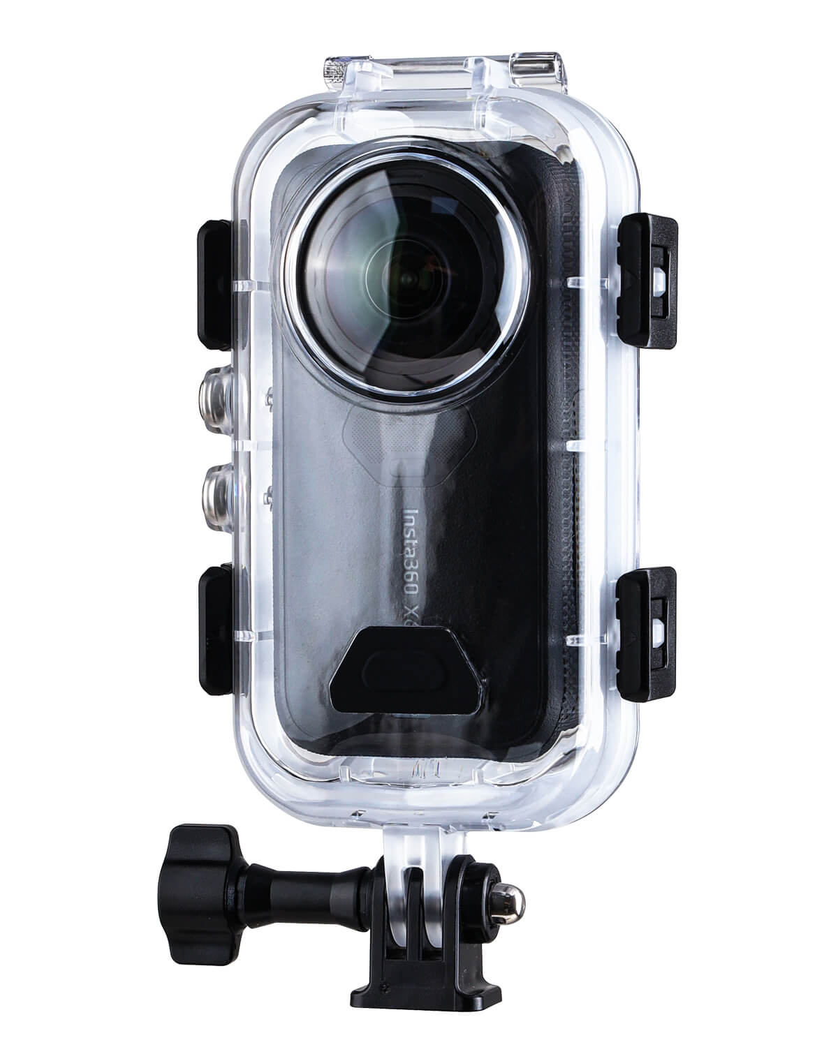 POWRIG 60m dive case front view with Insta360 X6 fisheye lens behind clear dome port