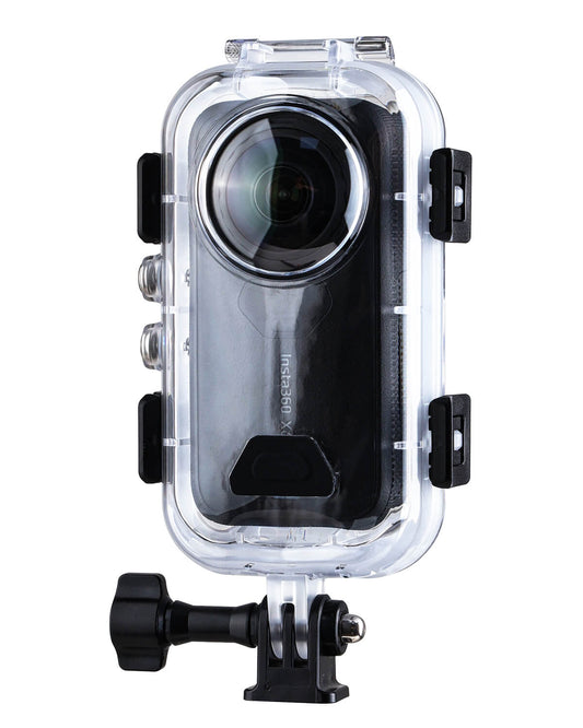 POWRIG 60m dive case front view with Insta360 X6 fisheye lens behind clear dome port