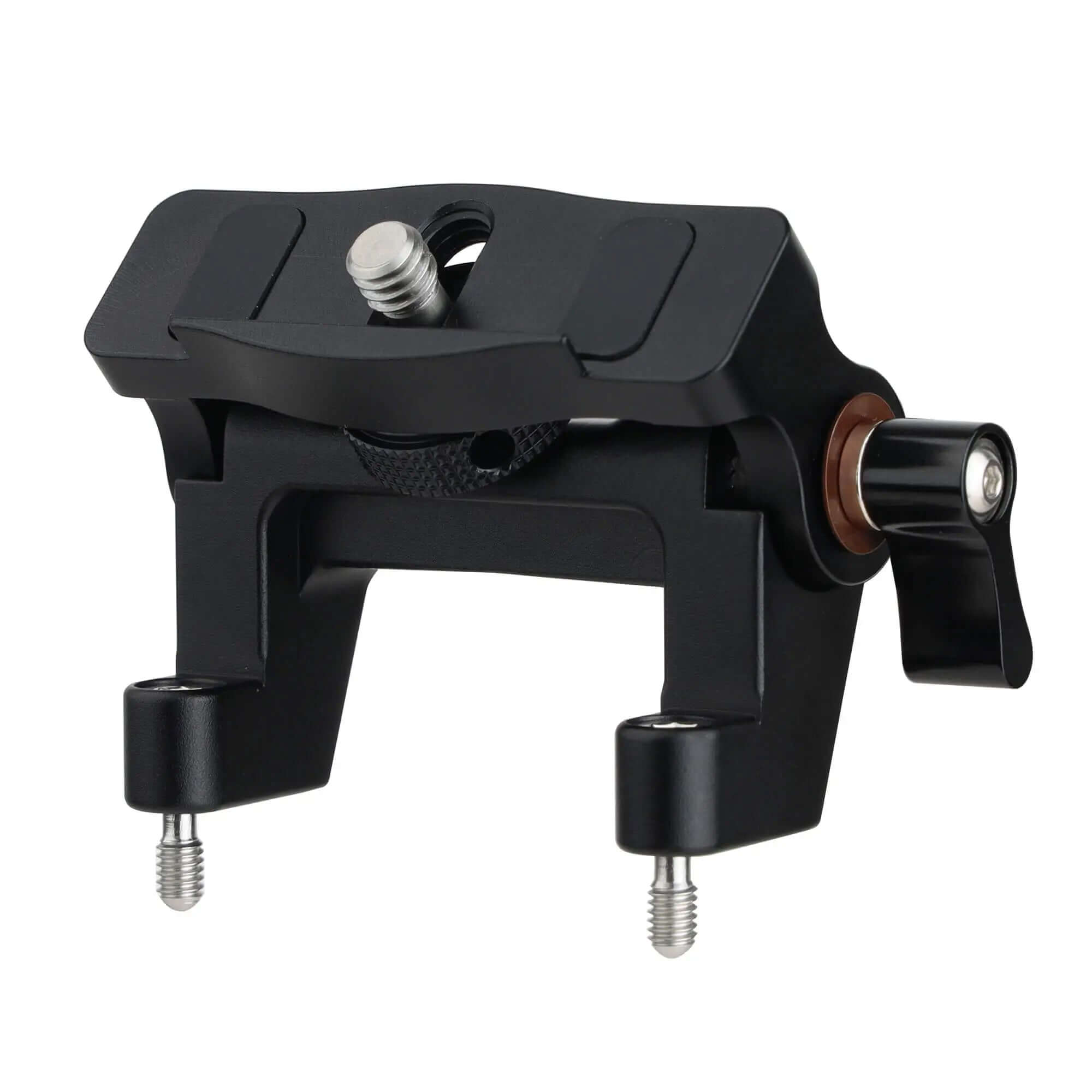 Side view of adjustable aluminum rod clamp showing top plate and locking mechanism for camera rig