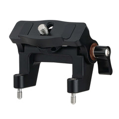Side view of adjustable aluminum rod clamp showing top plate and locking mechanism for camera rig