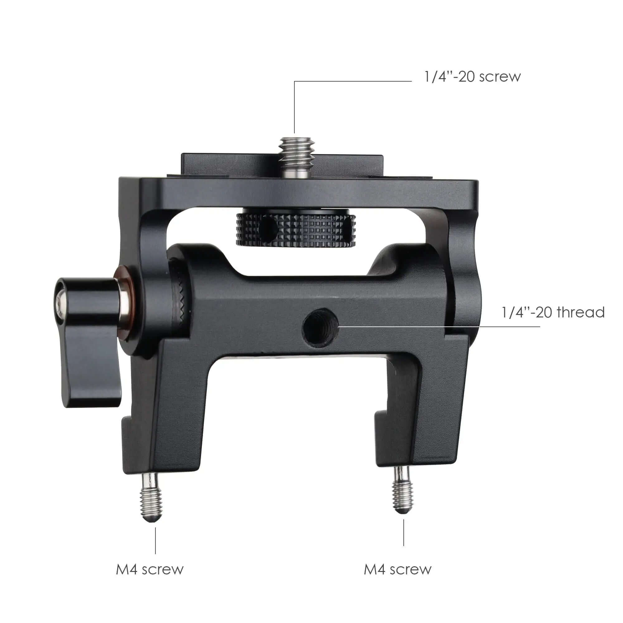 Close-up of 1/4-20 threaded mounting stud and adjustment slot on top of POWRIG dual rod clamp