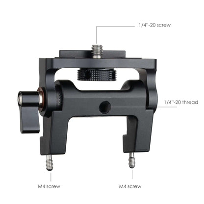 Close-up of 1/4-20 threaded mounting stud and adjustment slot on top of POWRIG dual rod clamp