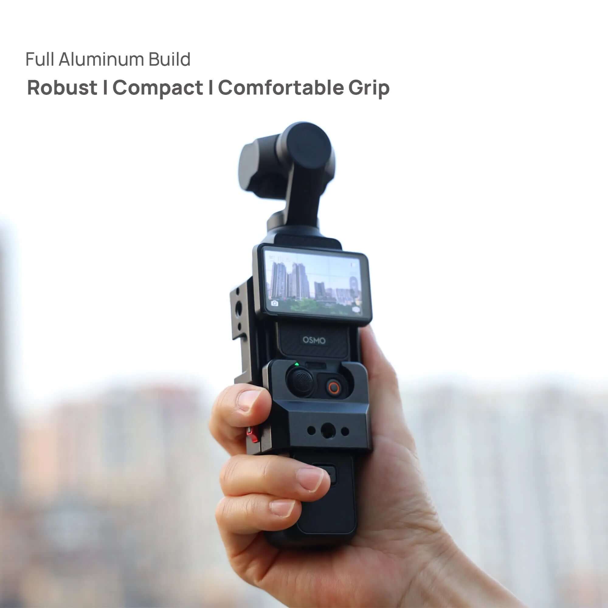 Ergonomic full aluminum handle grip attached to DJI gimbal camera, featuring side accessory mounting holes