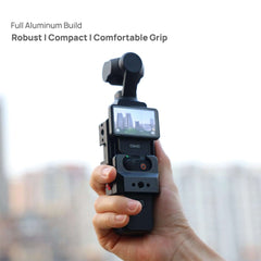 Ergonomic full aluminum handle grip attached to DJI gimbal camera, featuring side accessory mounting holes