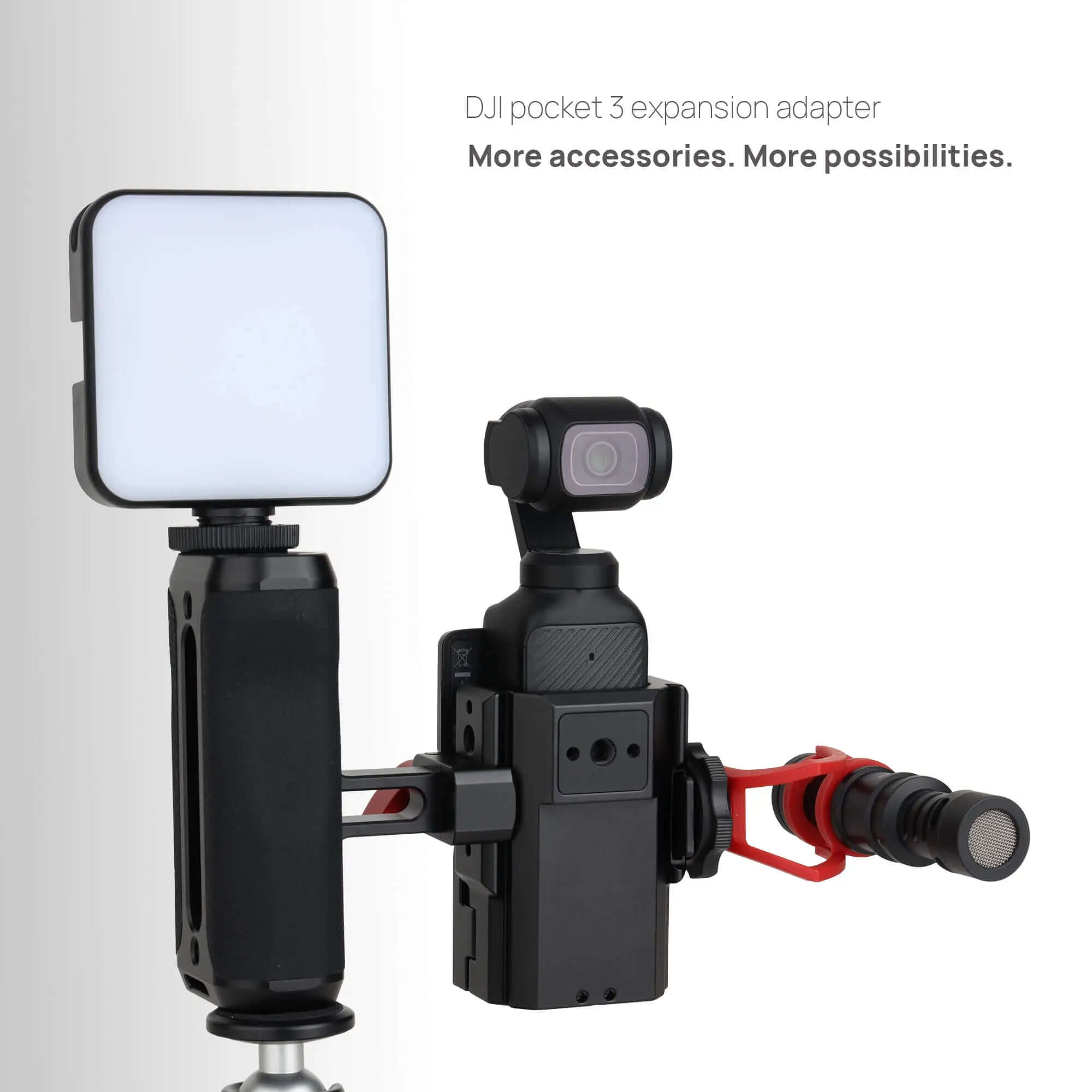 DJI Pocket 3 fully rigged with external LED light and shotgun microphone using POWRIG expansion adapter