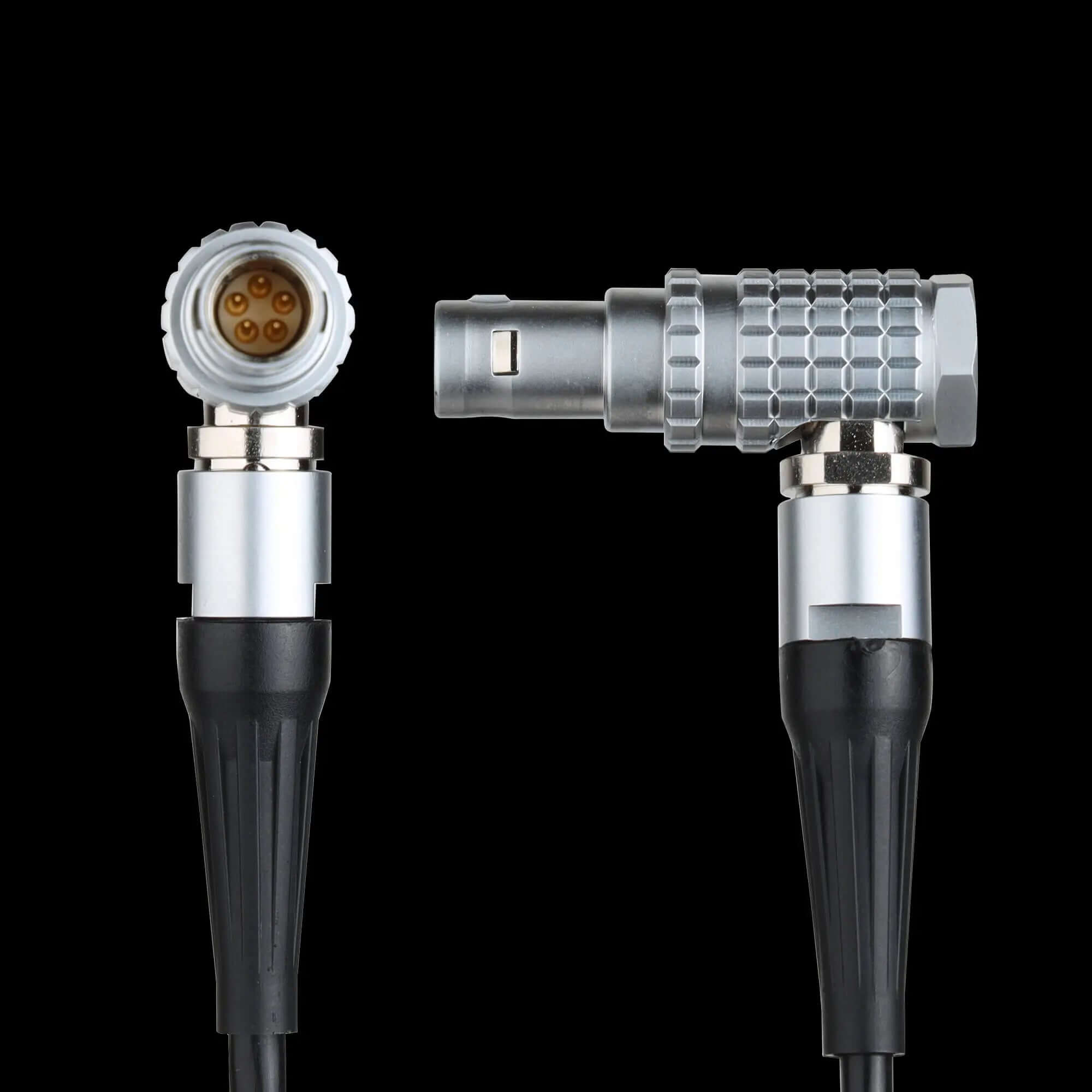 Close-up of gold-plated 5-Pin Lemo connector on Ambient timecode cable, secure connection for Arri cameras