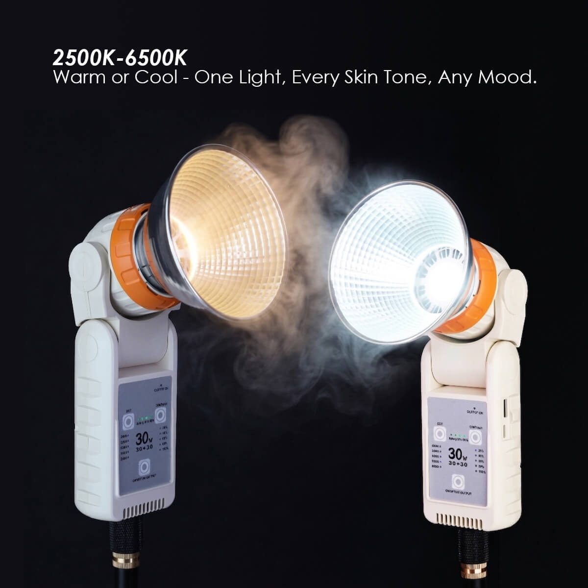 30W LED light showing 2500K warm vs 6500K cool color temperature