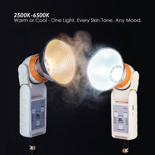 30W LED light showing 2500K warm vs 6500K cool color temperature