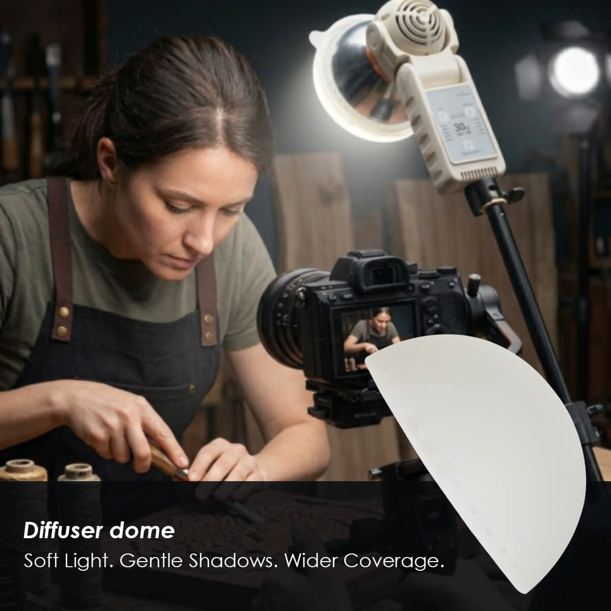 Diffuser dome for soft fill lighting on 30W bi-color LED