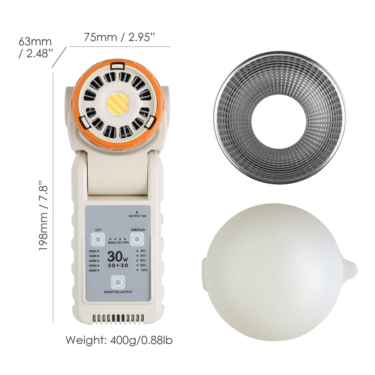 Top view showing COB LED chip, reflector and diffuser accessories