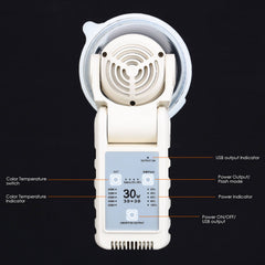 Rear panel with color temp switch, dimming control & battery indicator