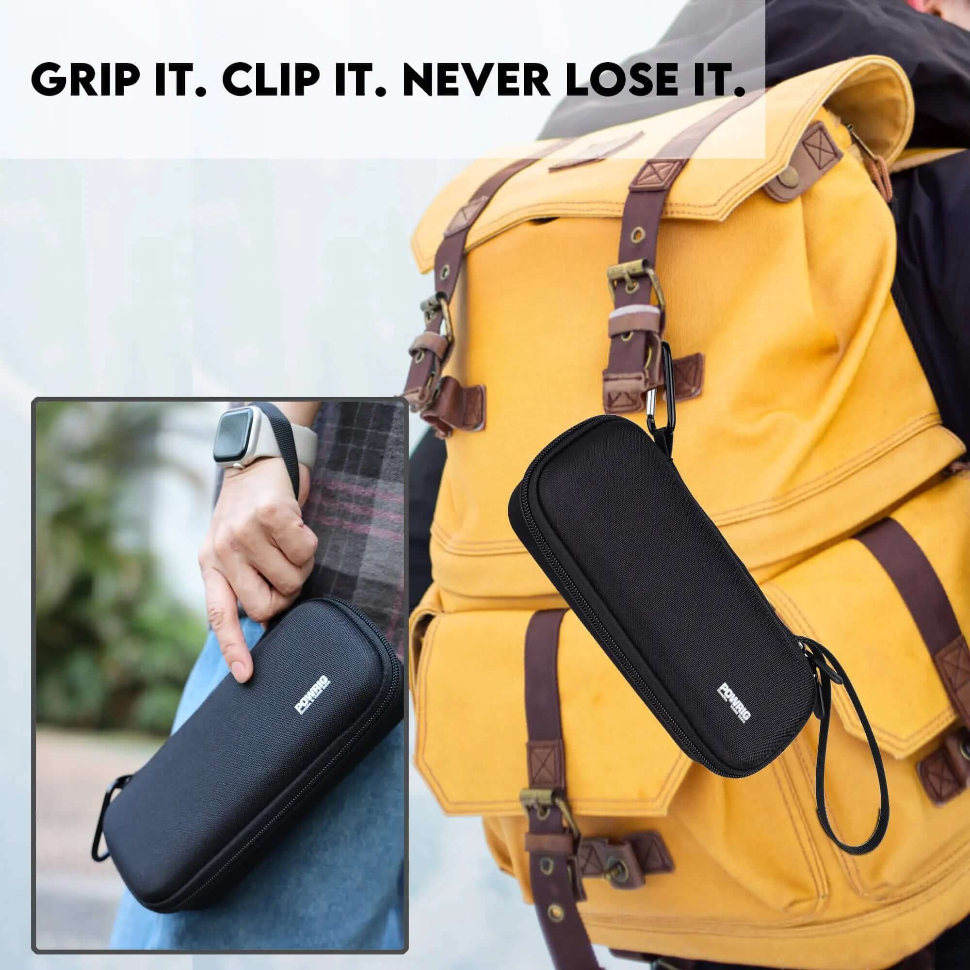 Black zippered tech pouch with wrist strap and metal carabiner clipped to a backpack