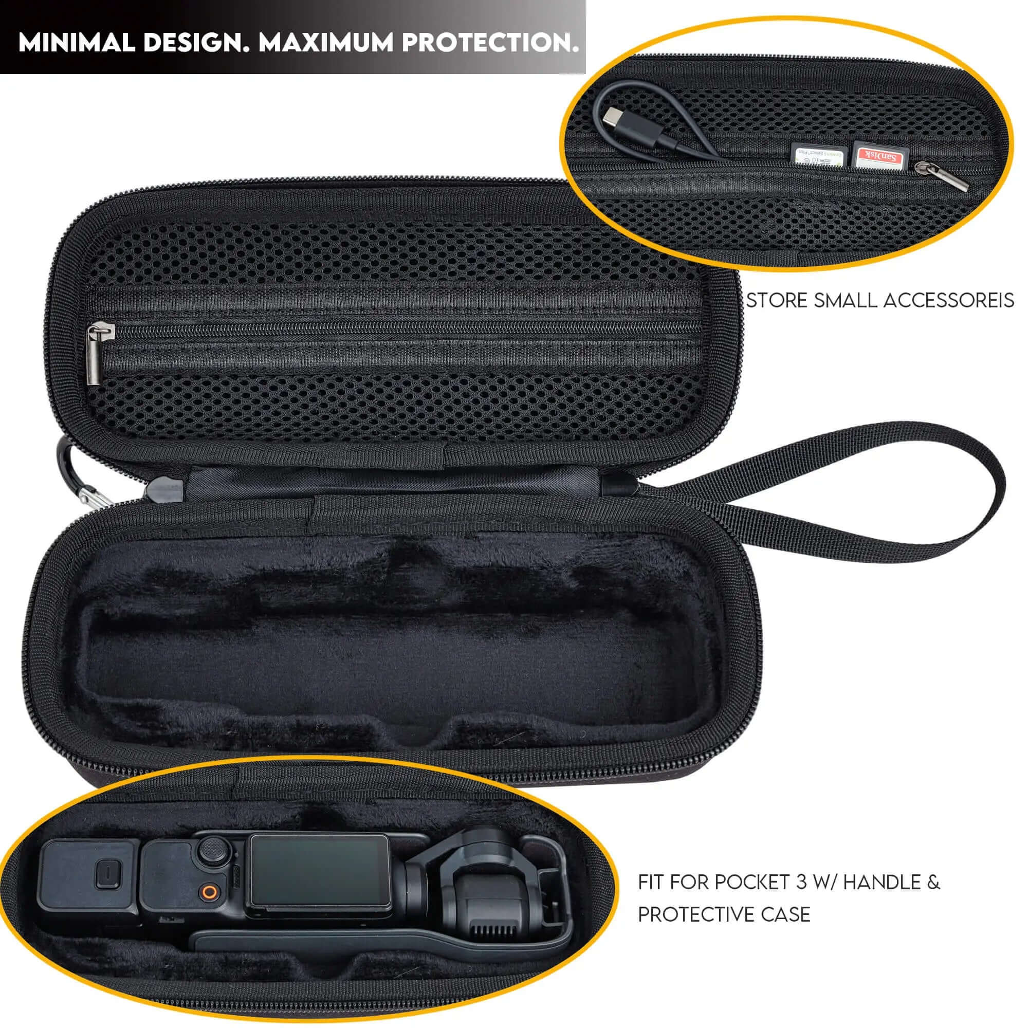 Interior view of DJI Osmo Pocket 3 protective case showing soft lining and custom compartment