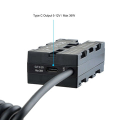 3-Way NP-F Dummy Battery Adapter Type-C PD Port Close-up, 5-12V Max 36W USB-C Output D-Tap to Dual NP-F Fake Battery Power Cable