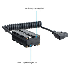 Dual NP-F 8.4V Output Terminal Close-up, D-Tap Input to Double NP-F Dummy Battery Pack Adapter Spring Cable for Camera Power