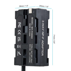 3-Way NP-F Dummy Battery Power Adapter Dimension Specs, NP-F550, D-Tap to Dual NP-F Dummy Battery Cable Size Marking 39x24x71mm