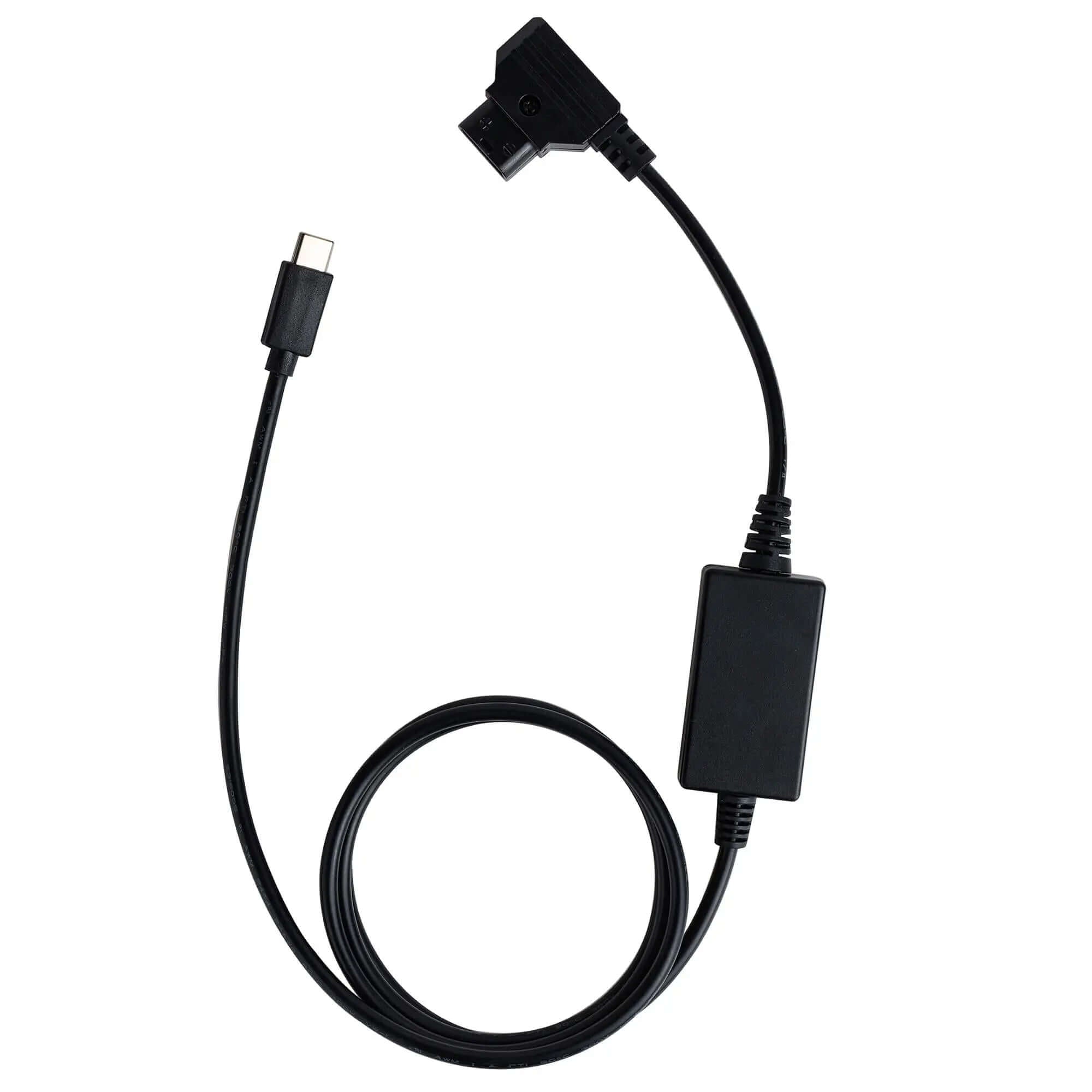 POWRIG D-Tap to USB-C power cable for Canon R5C showing full length with D-Tap connector and USB Type-C plug