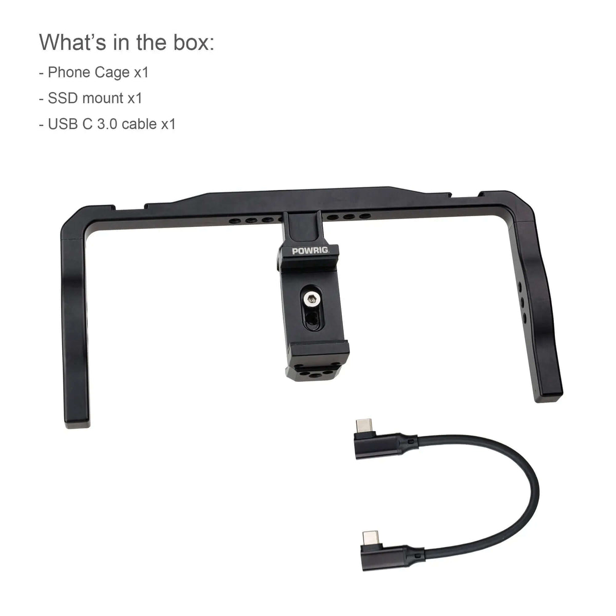 POWRIG Phone Filmmaking Cage Kit Contents - Phone Cage, SSD Mount, USB-C 3.0 Cable, All-in-One Video Rig