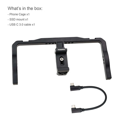 POWRIG Phone Filmmaking Cage Kit Contents - Phone Cage, SSD Mount, USB-C 3.0 Cable, All-in-One Video Rig