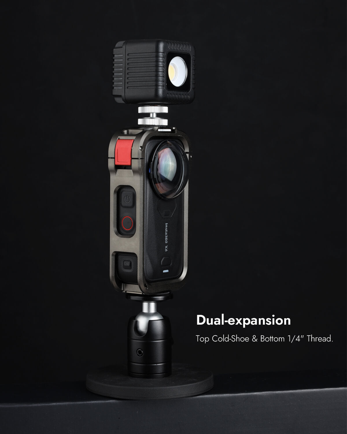 Insta360 X6 in POWRIG cage with LED light on top cold shoe and 1/4" ball head below
