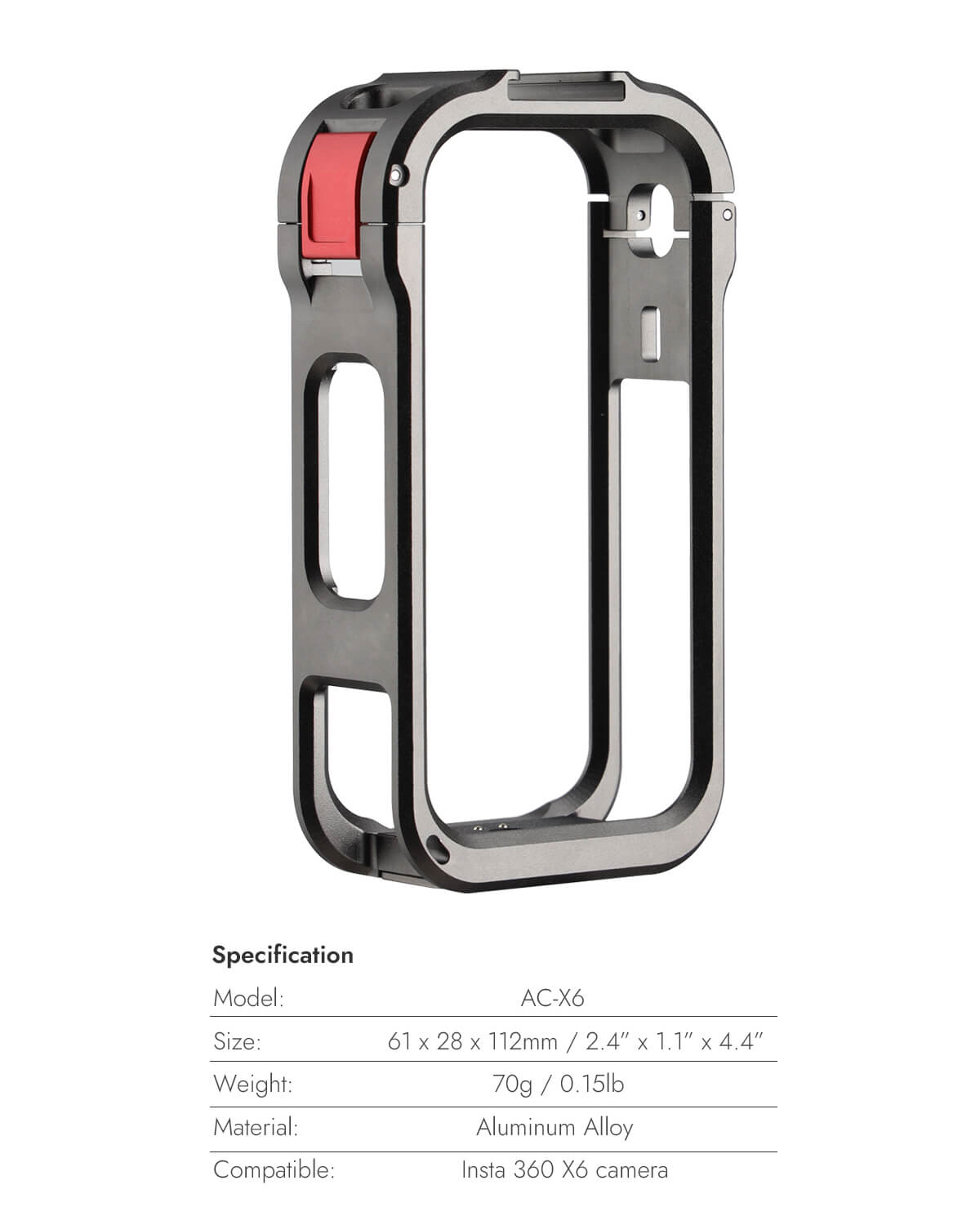 POWRIG AC-X6 cage specifications 61 x 28 x 112 mm and 70 g aluminum alloy