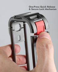 Thumb pressing red one-press quick release latch on POWRIG Insta360 X6 cage