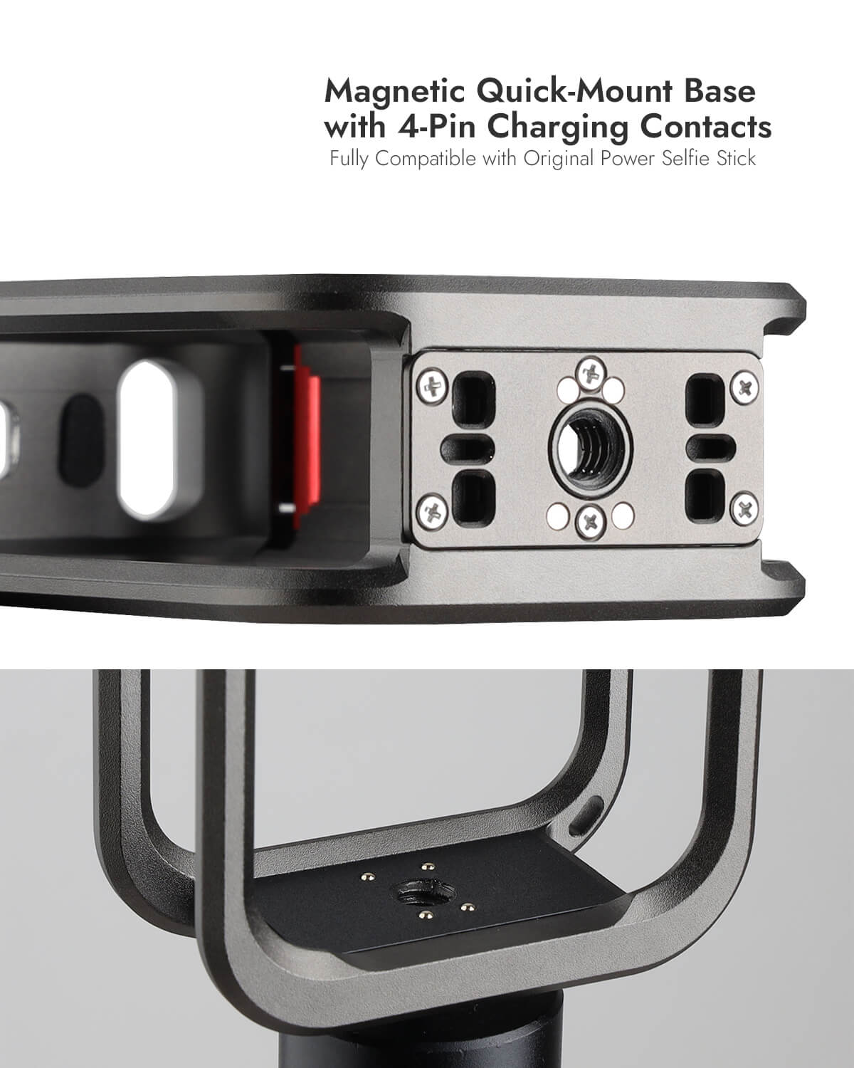 Magnetic quick-mount base with 4-pin charging contacts and 1/4"-20 thread on POWRIG X6 cage