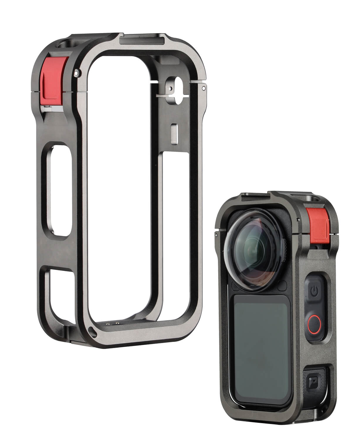 POWRIG AC-X6 aluminum cage for Insta360 X6 shown empty and installed on camera