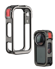 POWRIG AC-X6 aluminum cage for Insta360 X6 shown empty and installed on camera