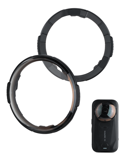 Pair of POWRIG lens guards for Insta360 X6 shown front and back beside the camera