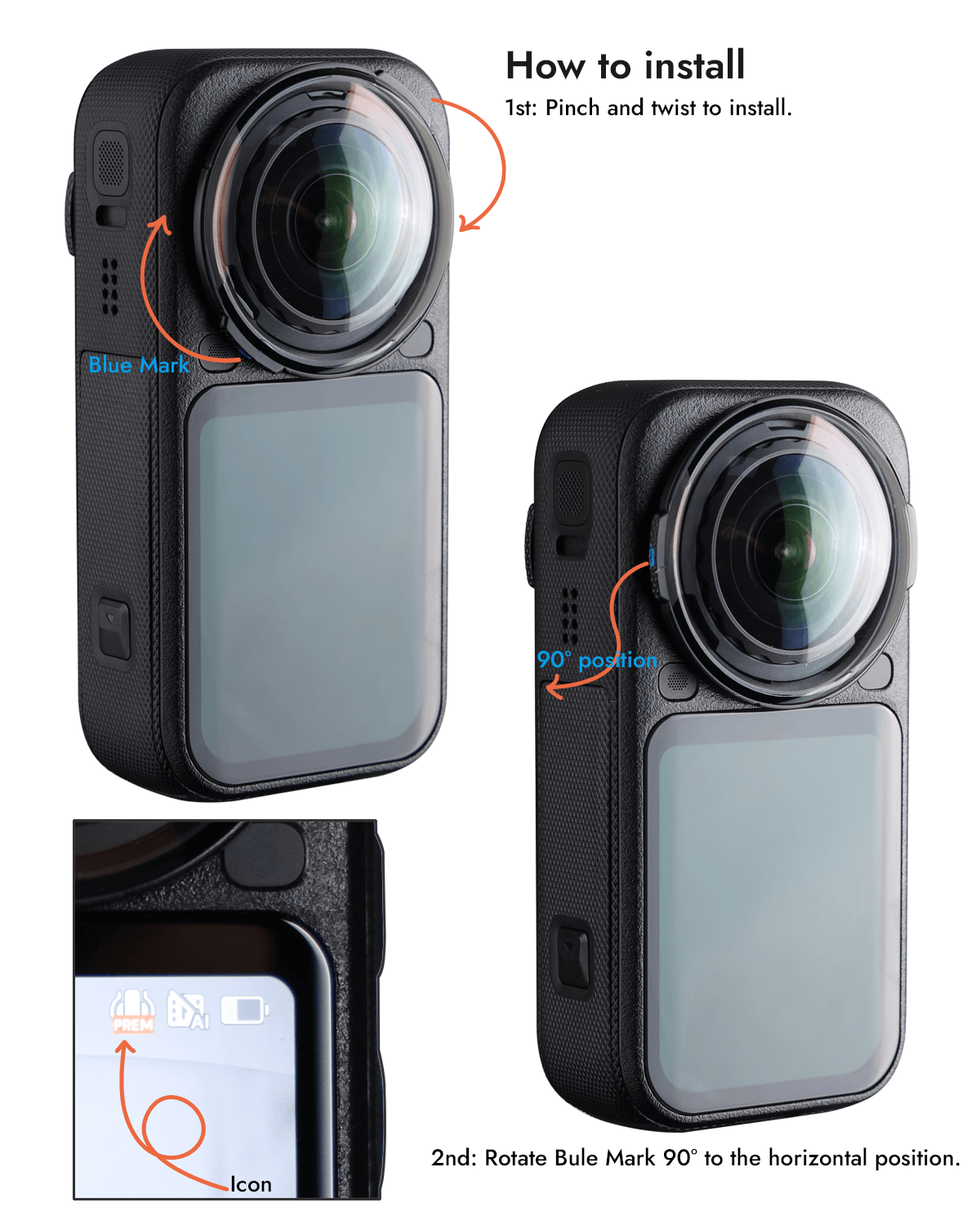 How to install POWRIG Insta360 X6 lens protector by pinching and twisting the blue mark 90 degrees
