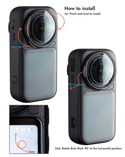 How to install POWRIG Insta360 X6 lens protector by pinching and twisting the blue mark 90 degrees