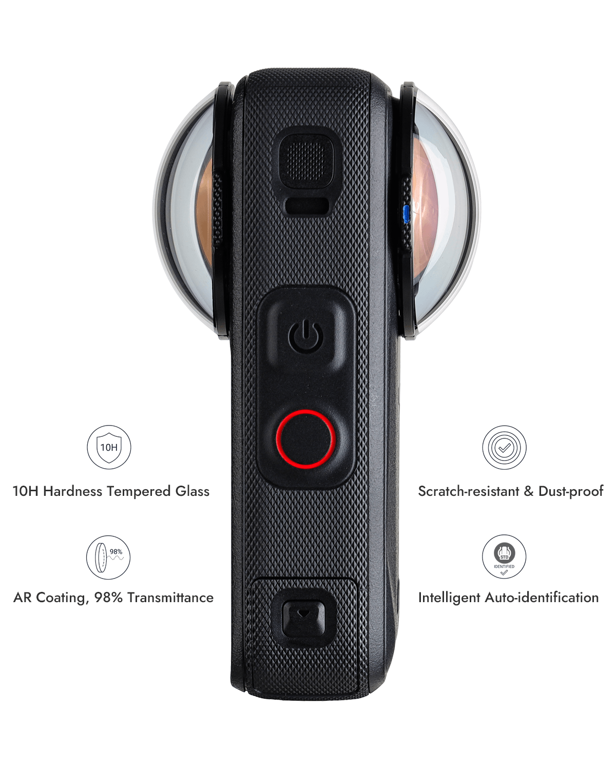 Insta360 X6 with both LP-X6 guards fitted showing 10H hardness and 98% AR coating features