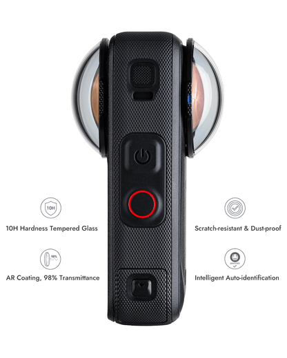 Insta360 X6 with both LP-X6 guards fitted showing 10H hardness and 98% AR coating features