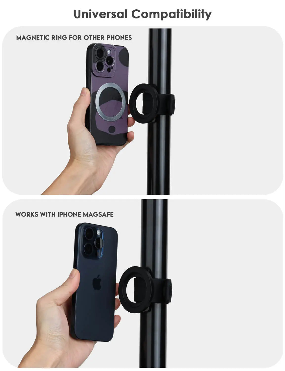 MagSafe iPhone attached to magnetic pole mount