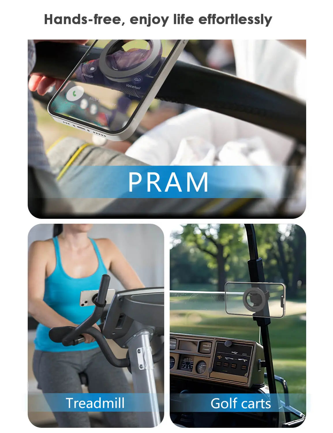 Phone holder mounted on golf cart frame for GPS navigation
