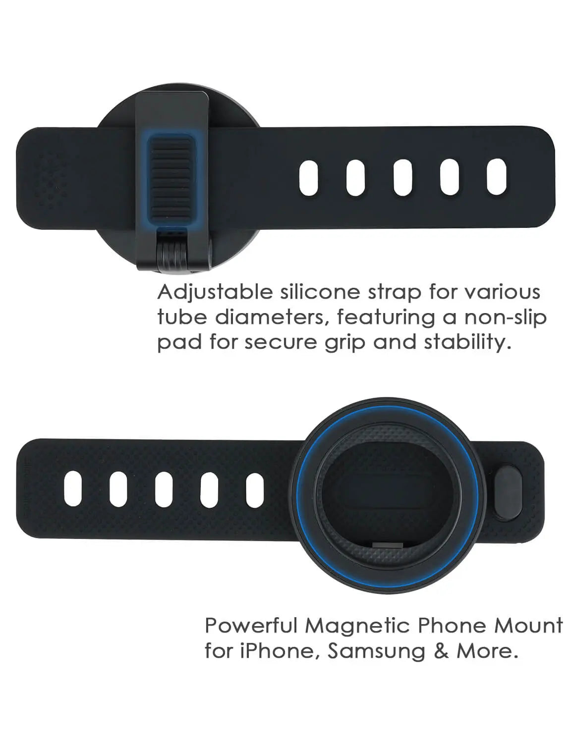 Front and back view of POWRIG magnetic phone holder with silicone strap