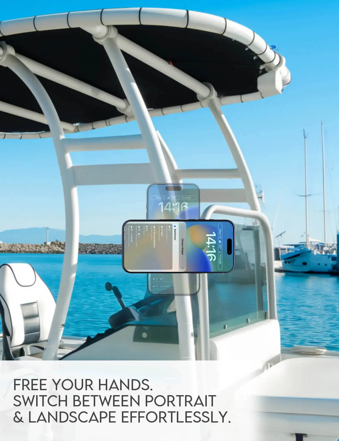 Magnetic phone mount attached to boat T-top bar for navigation