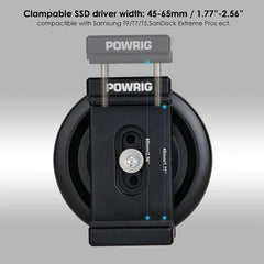 POWRIG adjustable SSD clamp mount fitting 45-65mm drives including Samsung T9, T7, and T5
