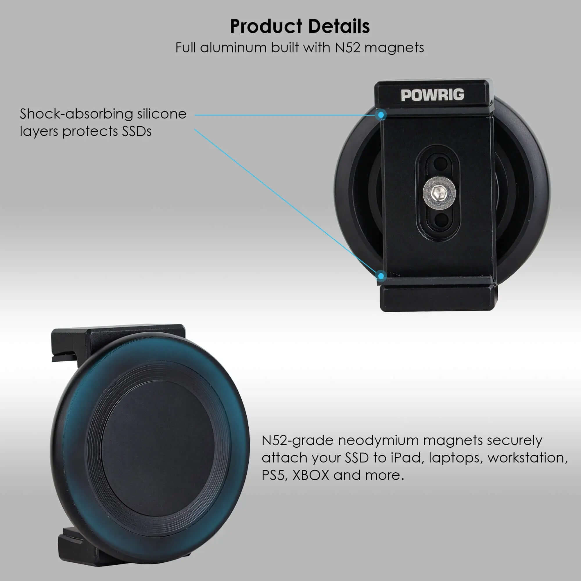 Full aluminum magnetic SSD holder with N52 magnets and shock-absorbing silicone padding