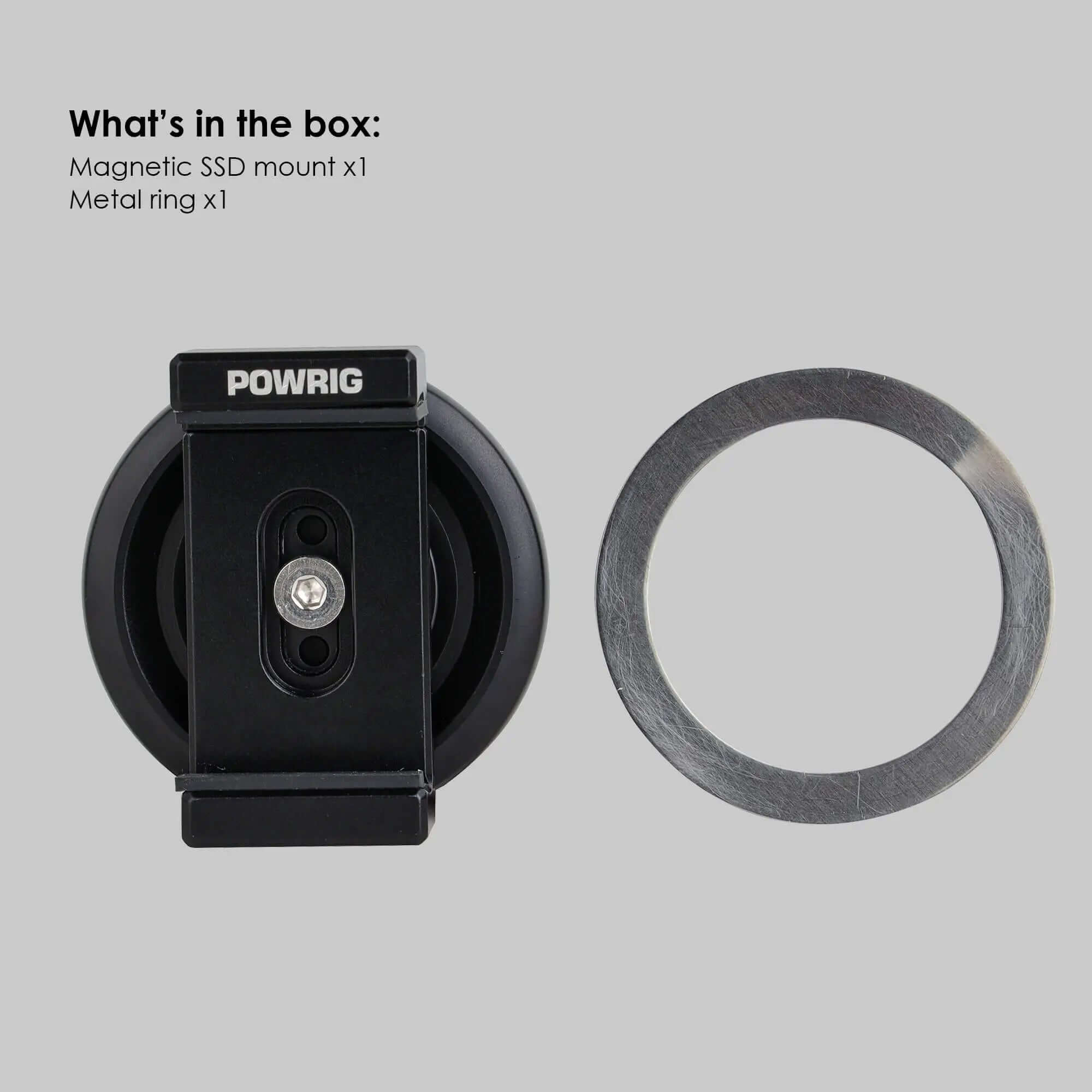 Package contents: POWRIG magnetic SSD mount and included metal ring for non-magnetic devices