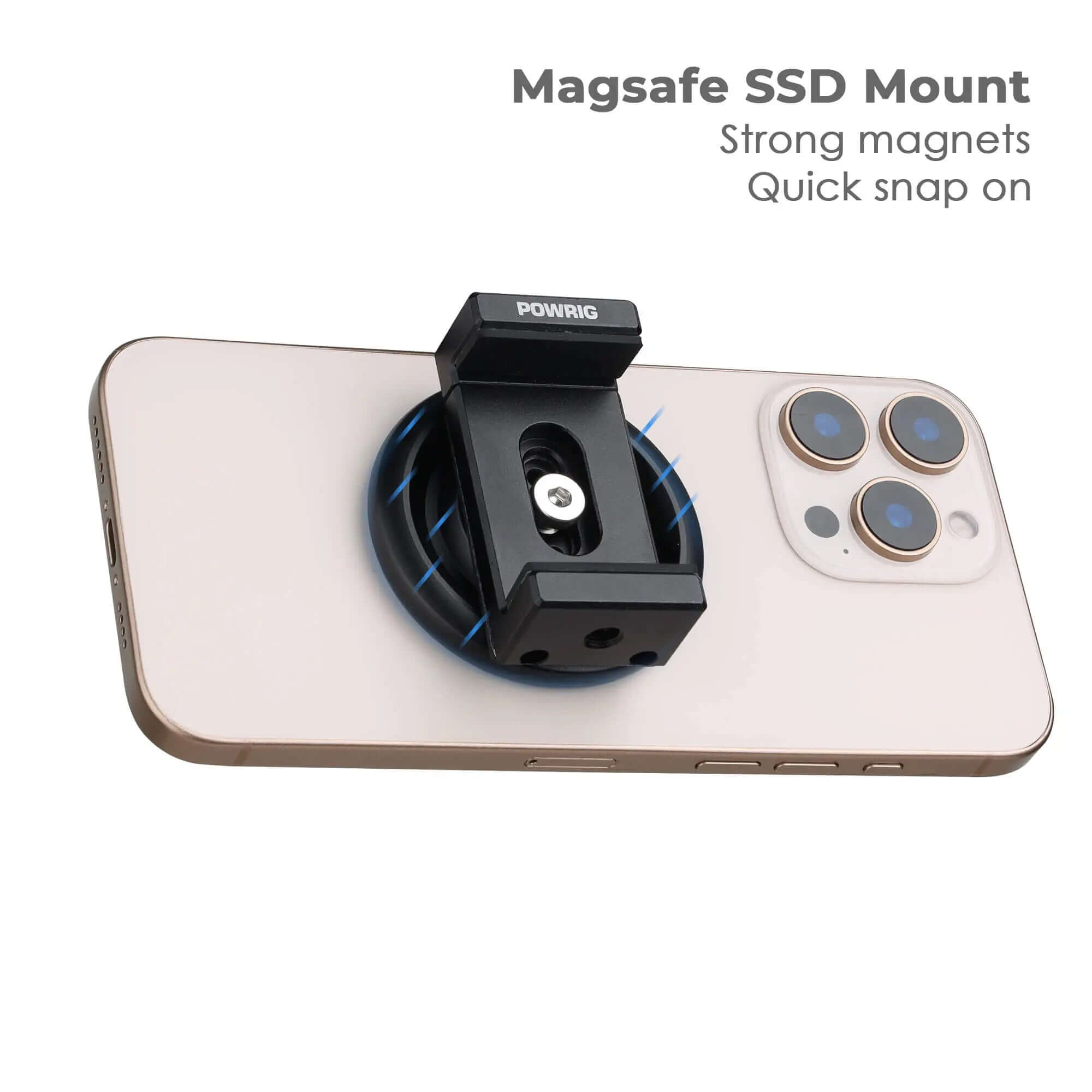 Side view of iPhone magnetic SSD holder mounted on smartphone for ProRes recording