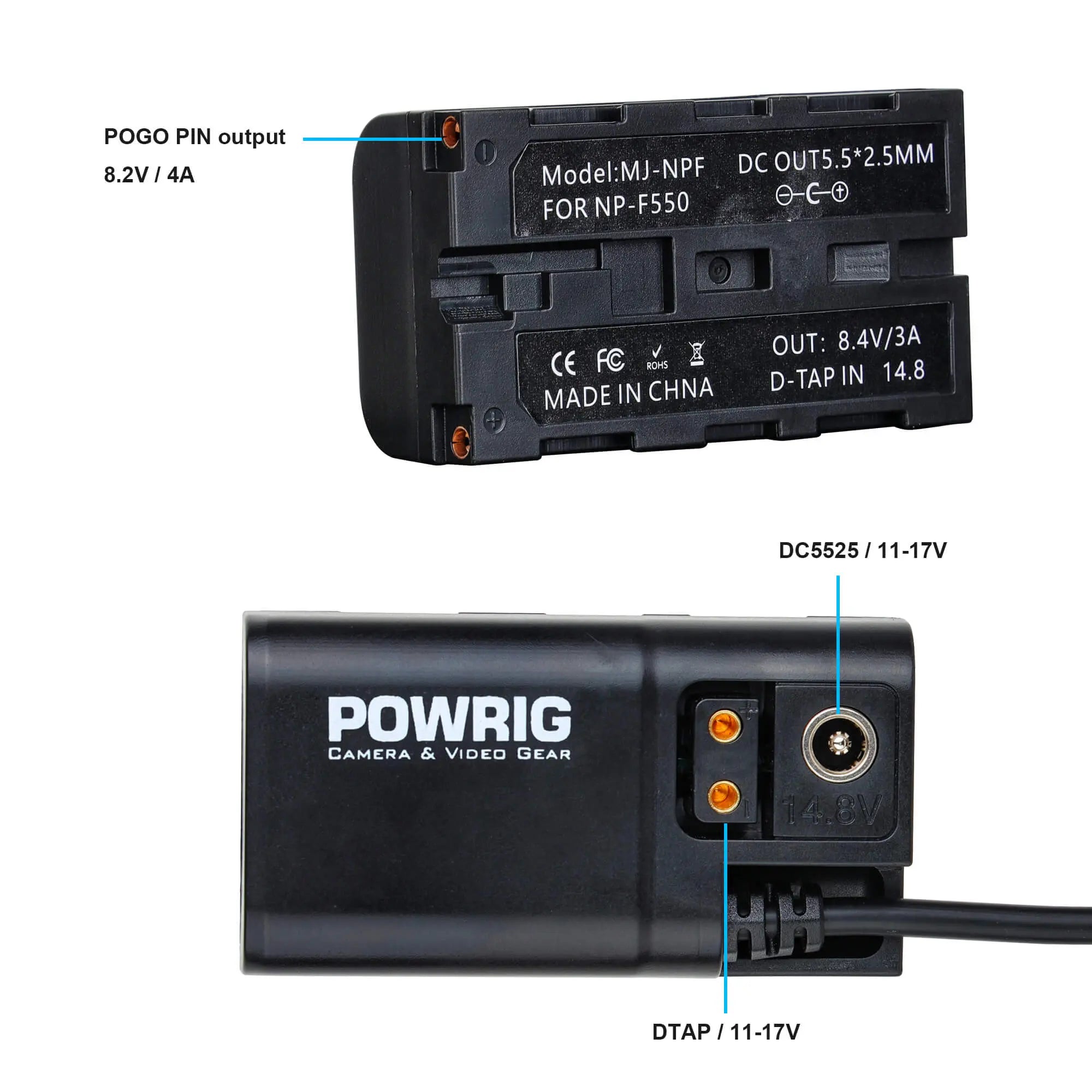Close-up of D-Tap input and DC 5.5mm output ports on cable